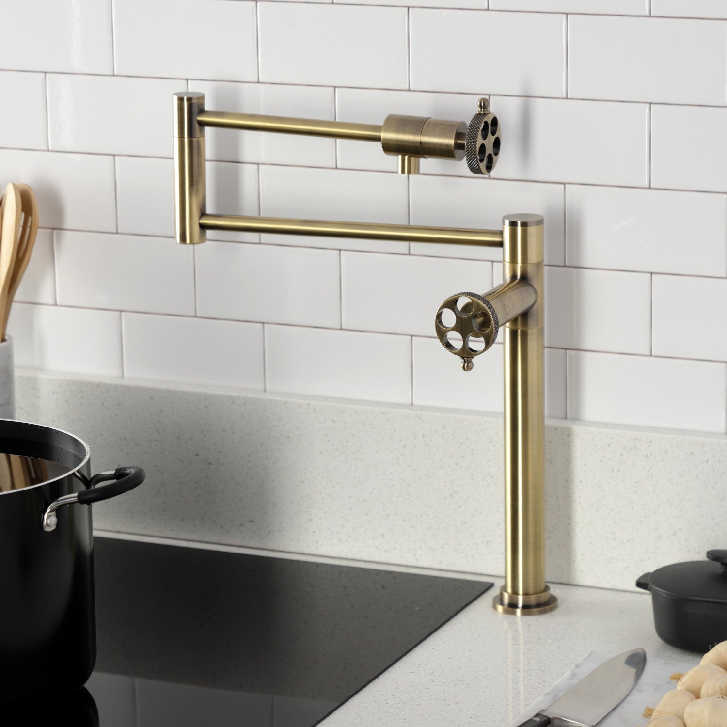 Kingston Sona KS4703RKX - Webb Two-Handle 1-Hole Deck Mount Pot Filler Faucet with Knurled Handle, Antique Brass — thumbnail 2
